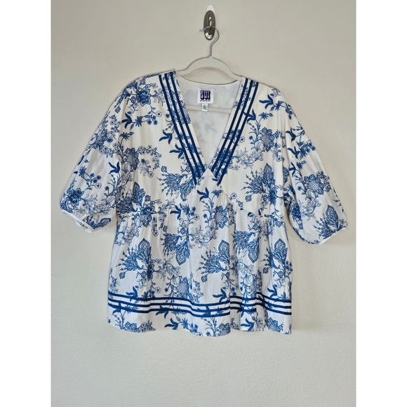 Anna Sui embroidered Floral Blue and Cream v neck puff sleeve blouse XL - Picture 5 of 12